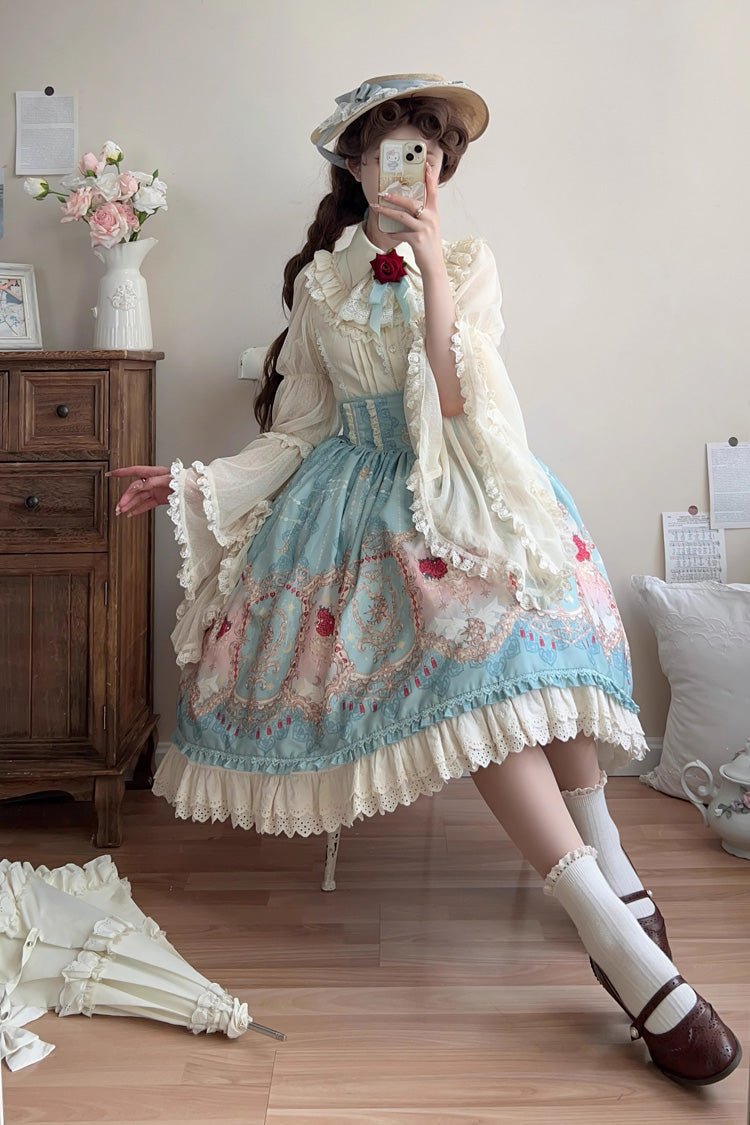 Ruffle-Embroidered Palace Skirt with Lace and Print