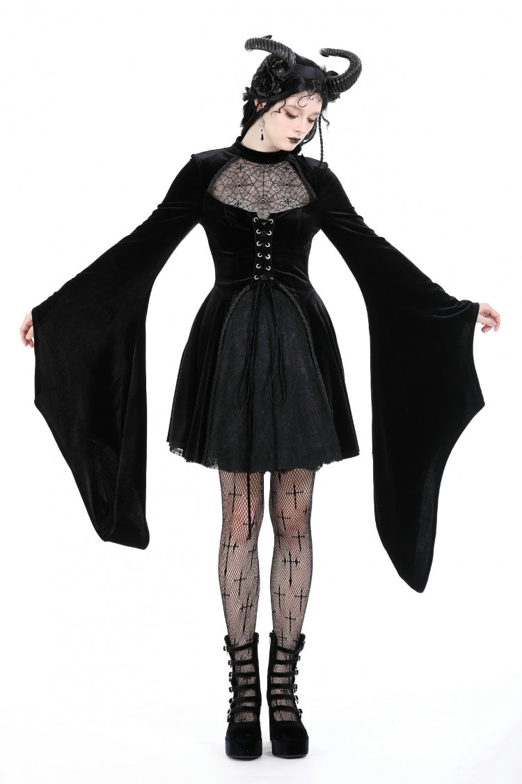 Velvet Gothic Wedding Gown with Mesh and Lace-Up Details