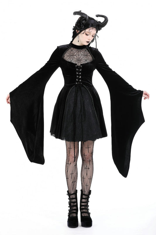 Velvet Gothic Wedding Gown with Mesh and Lace-Up Details