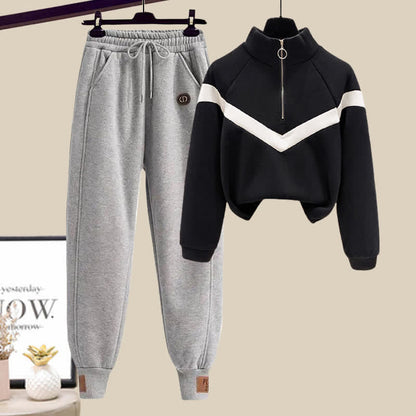 Sweatshirt Draw Zipper Pocketed String Pants Casual