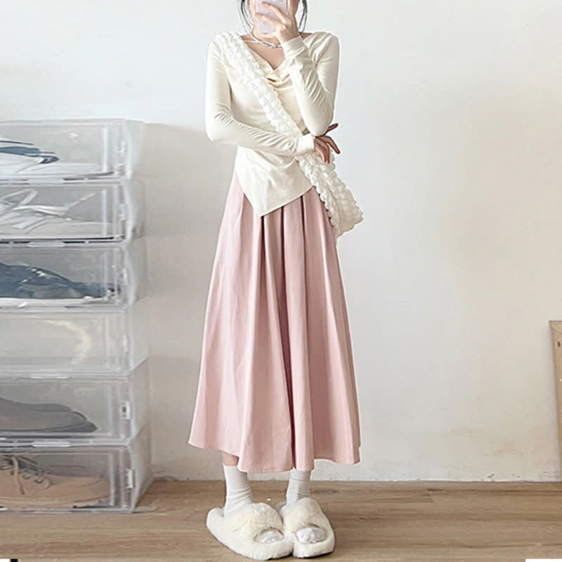 Irregular Ruffled Long Sleeve Shirt Pleated Skirt