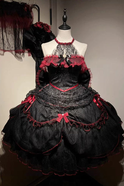 Layered Poem Halterneck Jacquard Lolita Dress with Bow - Noir