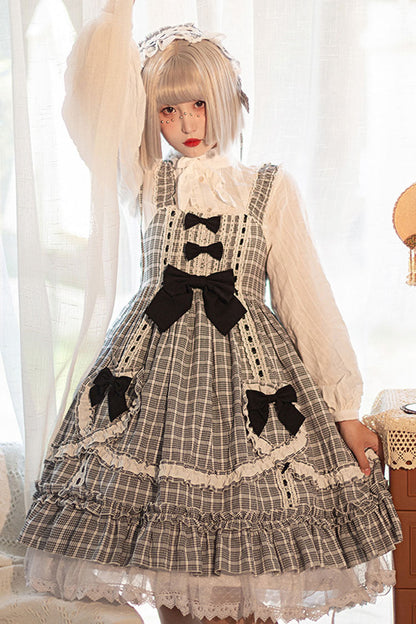 Black/White High-Waist Sweet Lolita JSK with Bow and Plaid Ruffles