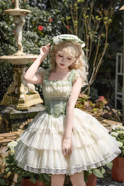 Fishbone Embroidered Sweet Lolita Jumper Dress - Green Letters & Poems