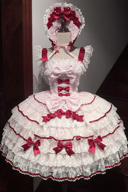 Rose Moon Tide Butterfly Call Sleeveless Layered Ruffle Bow Lace Sweet Lolita JSK Dress