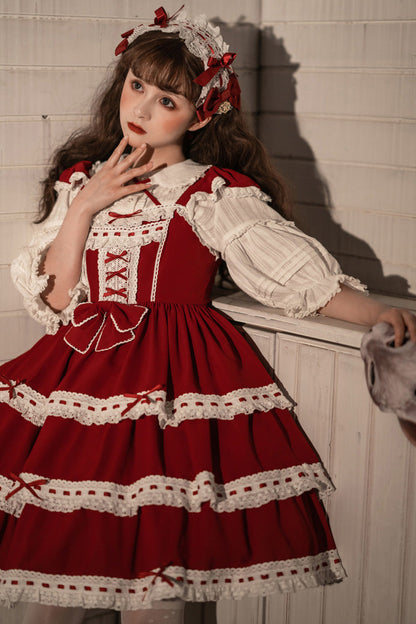 Red Antique Dolls Sweet Lolita Triple-Layered Bowknot JSK Dress