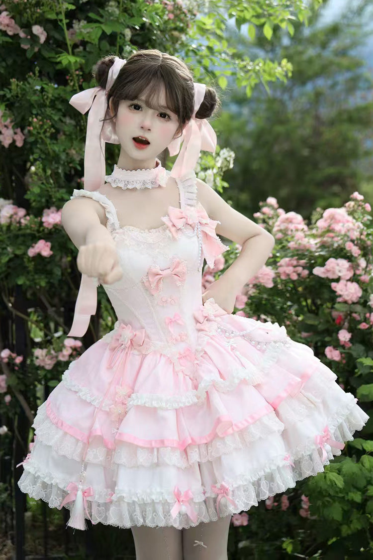 Rose Cherry Prelude Square Neck Sleeveless Layered Ruffled Bow Lace Embellished JSK Gown
