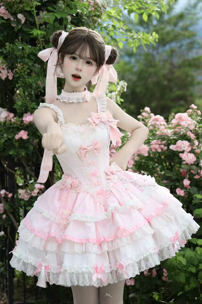 Rose Cherry Prelude Square Neck Sleeveless Layered Ruffled Bow Lace Embellished JSK Gown