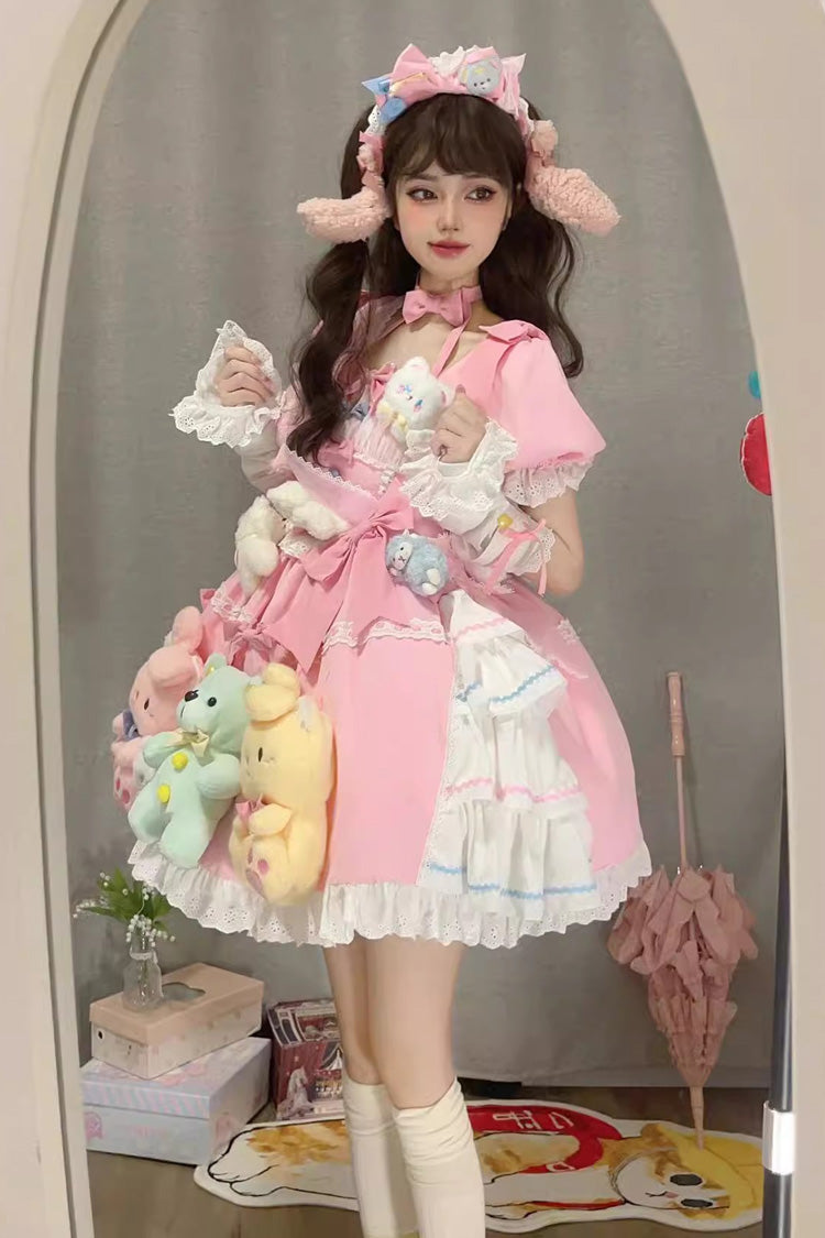 Pink Square-Collar Printed Doll Party Detachable-Sleeved Ruffled Bow-Trim Sweet Princess Lolita Dress