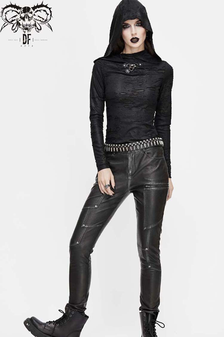 Women's Punk Shirt with Hooded Snakeskin Ripped Print Triangle Metal Studs