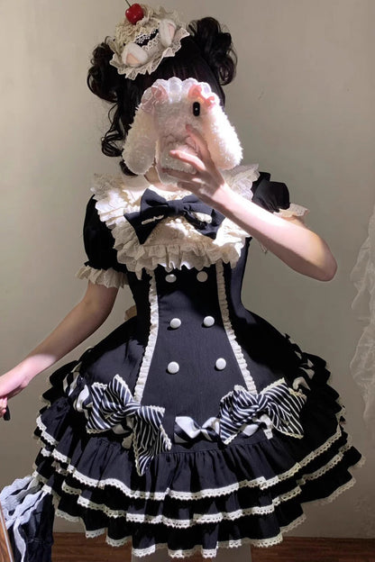 Ebony Striped Layered Short Sleeves Multi Ruffle Bow Sweet Princess Lolita Tiered Dress
