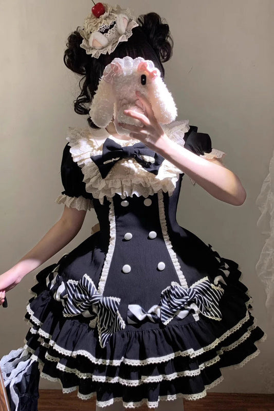 Ebony Striped Layered Short Sleeves Multi Ruffle Bow Sweet Princess Lolita Tiered Dress