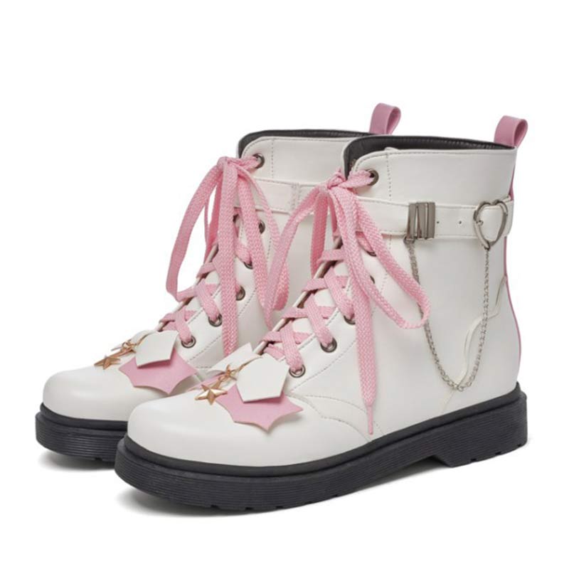 Pink Bow Knot Chain Lace-up Front Boots