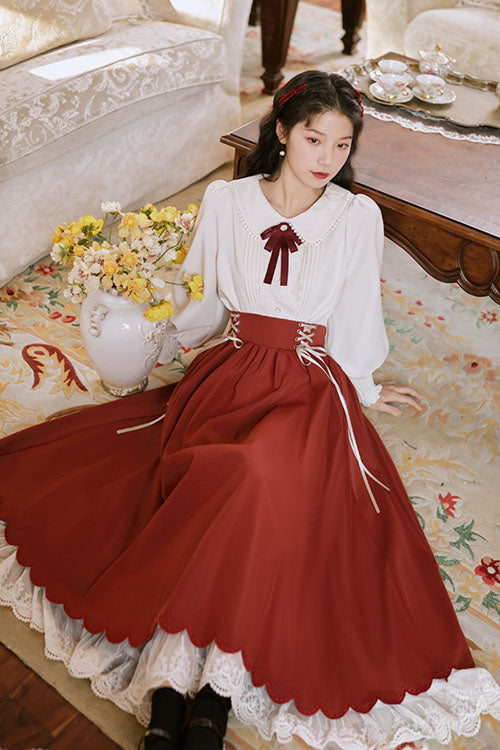 Classic Lolita Two-Piece Dress with High-Waist and Lace Wave Hem