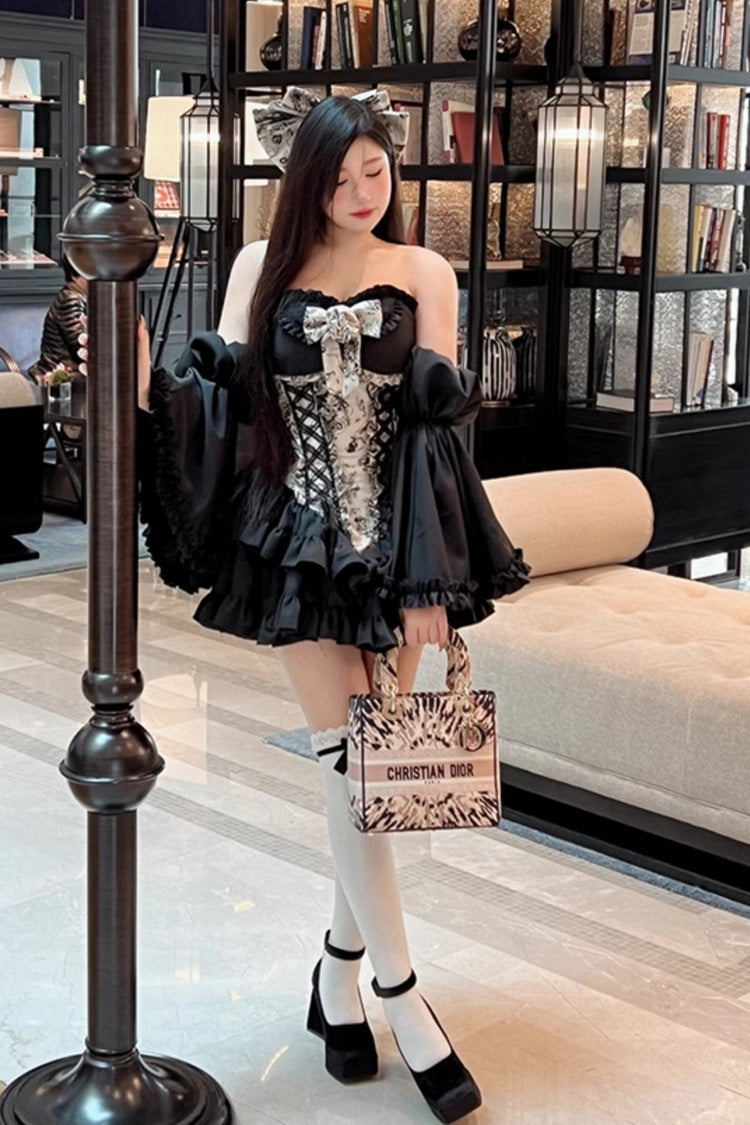 Printed Gothic Princess Strapless Dress with Ruffled Embroidery - Gentle Treasure