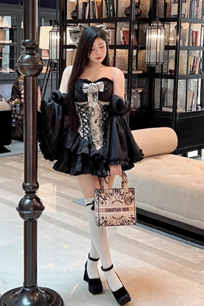 Printed Gothic Princess Strapless Dress with Ruffled Embroidery - Gentle Treasure