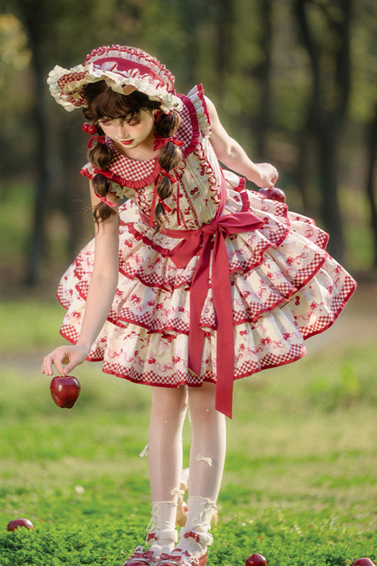 Crimson Three-Tier Cherry Print Ruffle Sweet Lolita Skirt Ensemble