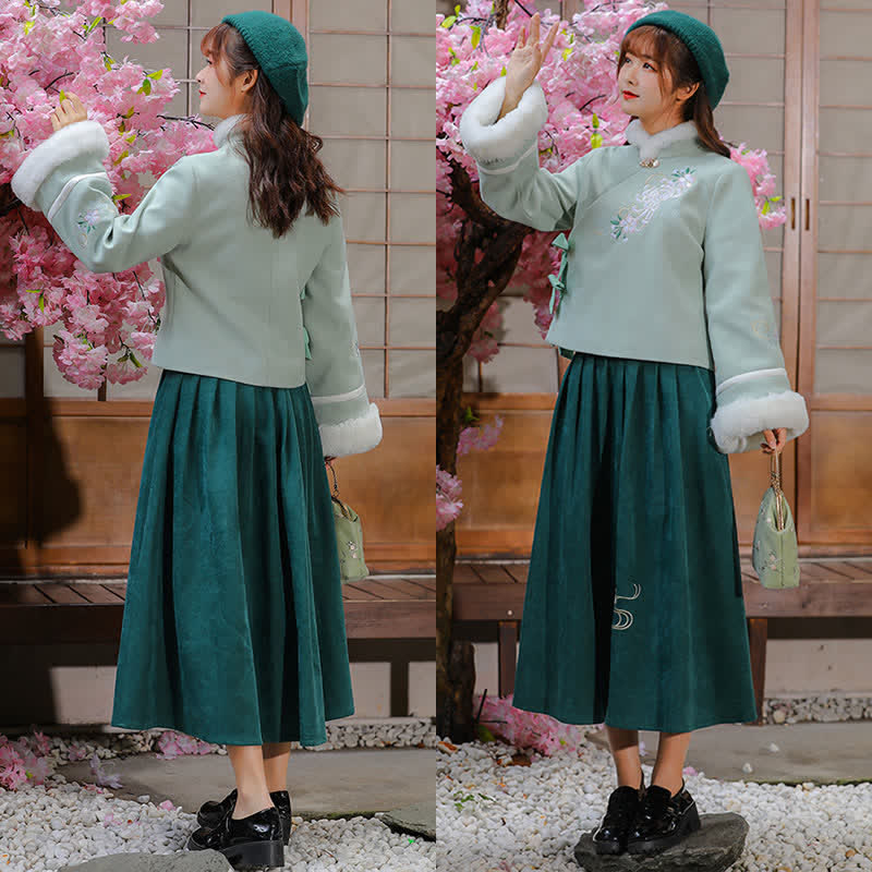 Ensemble vintage avec jupe plissée et manteau à nœud papillon à fleurs vertes