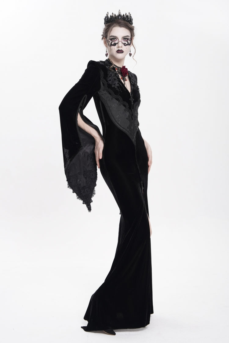 V Collar Trumpet Sleeve Floral Embroidered Velvet Gothic Dress