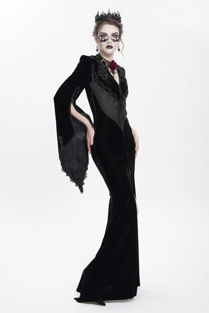 V Collar Trumpet Sleeve Floral Embroidered Velvet Gothic Dress