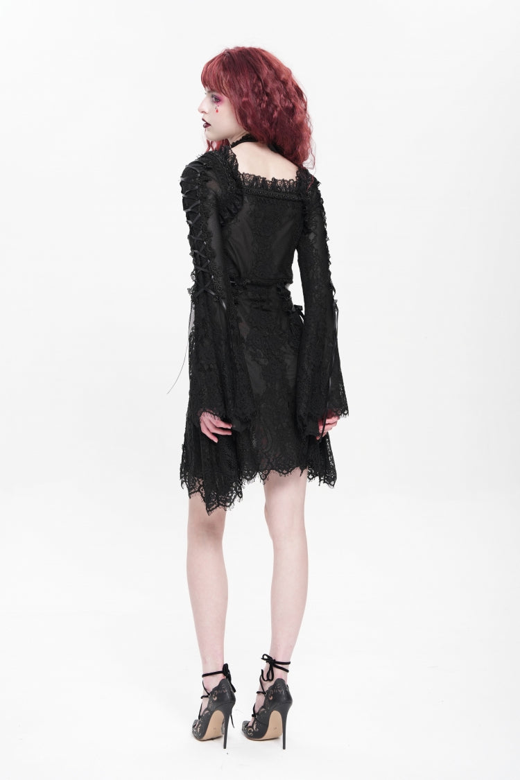 Square Collar Trumpet Sleeve Embroidered Lace-Up Gothic Dress