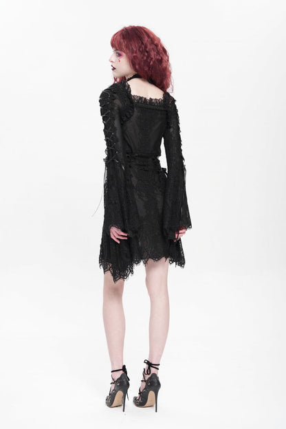 Square Collar Trumpet Sleeve Embroidered Lace-Up Gothic Dress