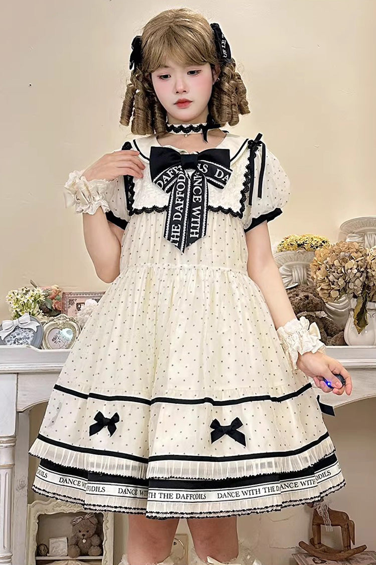 William Wordsworth's Lyric Poetry Doll-Collar Polka Dot Printed Lace Sweet Princess Lolita Dress in Beige