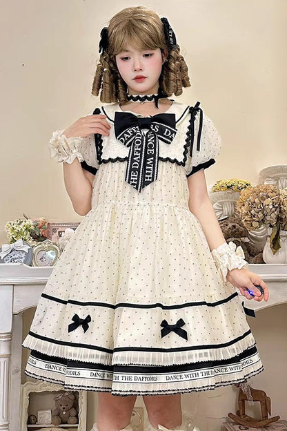William Wordsworth's Lyric Poetry Doll-Collar Polka Dot Printed Lace Sweet Princess Lolita Dress in Beige