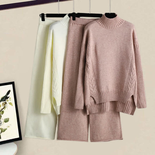 Sweater Cable Color Pants Leg Wide Set Turtleneck Pure