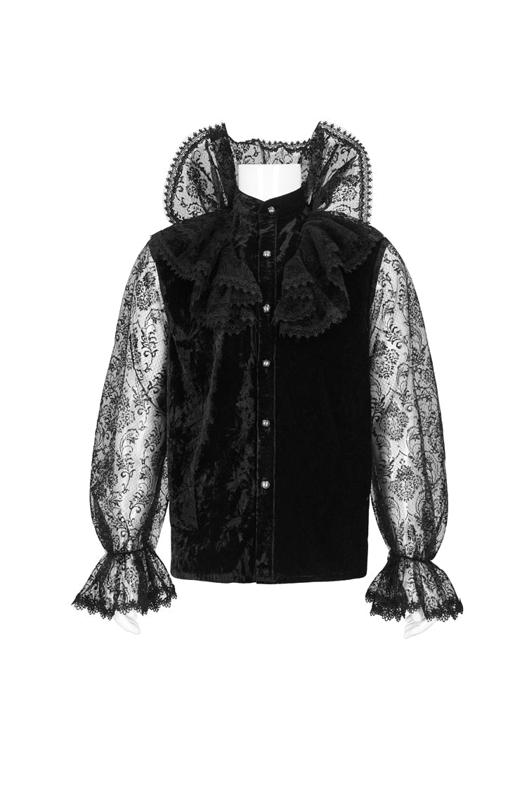 Men's Gothic Shirt with Lotus Leaf Collar and Sheer Lace