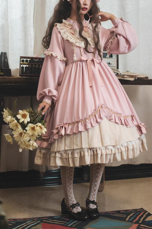 Pink Long Sleeves Ruffle Bow Daily Sweet Princess Lolita Dress