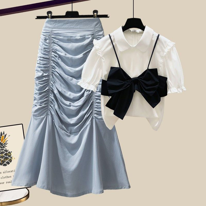 High Ruffled Set Bow T-Shirt Knot Skirt Waist