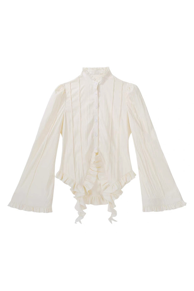 Morning Mist Coast Stand-Collar Long-Sleeved Ruffle Embroidered Vintage Elegant Lolita Skirt Dress Set in Beige