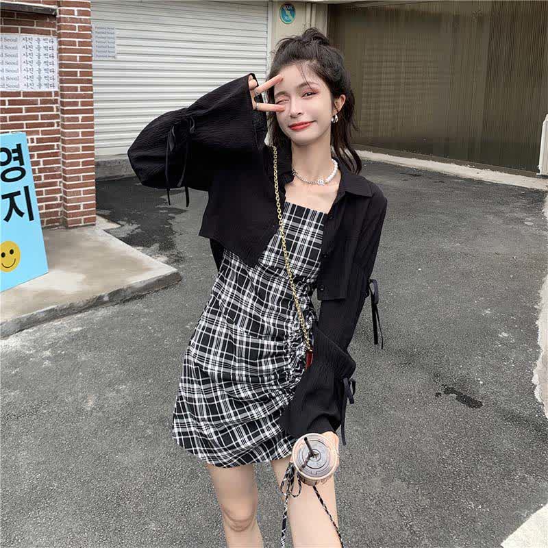 Slip Lattice Drawstring Size Plus Dress Set