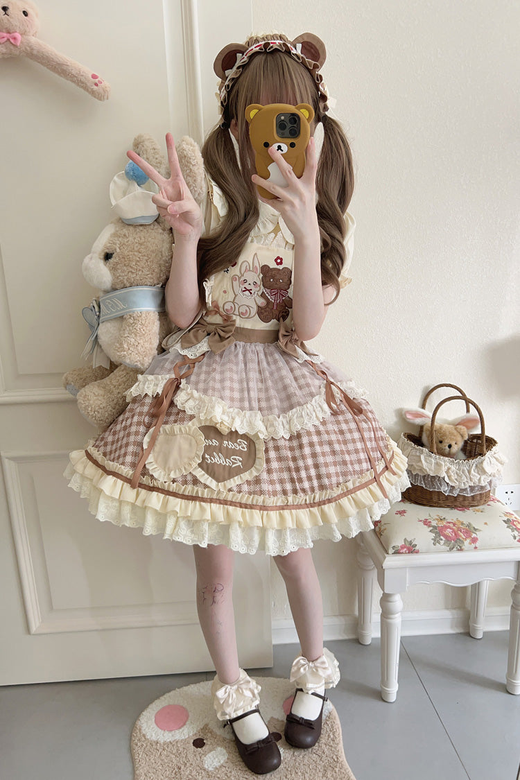 Rabbit Bear Plaid Ruffle Bow Sweet Lolita Skirt with Blouse