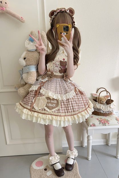 Rabbit Bear Plaid Ruffle Bow Sweet Lolita Skirt with Blouse