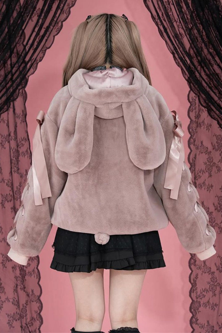 Pink Rabbit Ear Bow Lace-Up Hooded Coat