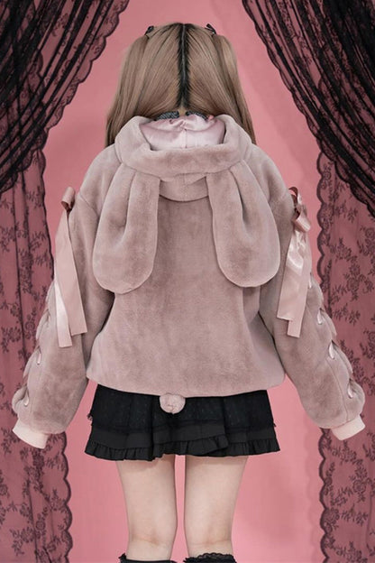 Pink Rabbit Ear Bow Lace-Up Hooded Coat