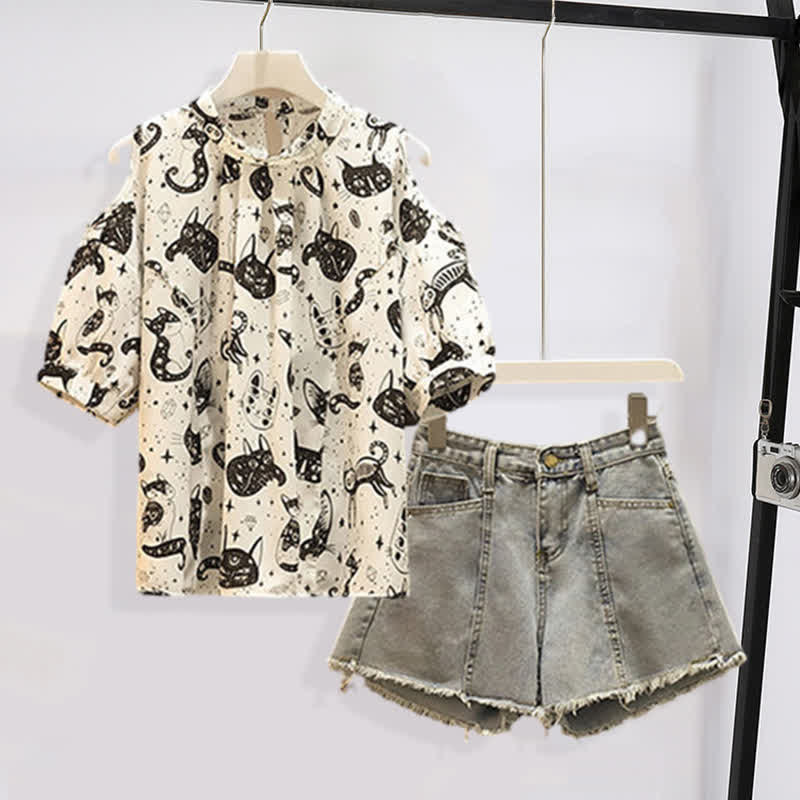 Chiffonhemd mit kaltem Schulter-Print und Kitty-Print, lässige Jeansshorts