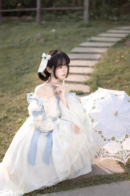 White Boat-Neck Multi-Layer Ruffled Hanayome Bow-Trim Sweet Princess Lolita Strapless Dress