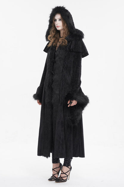 Gothic Women's Hooded Coat with Fluffy Long Bell Sleeves and Flared Silhouette