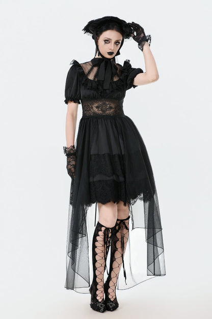 Inky Puff Sleeve High-Low Multi-Tiered Chiffon Gown - Gothic Wedding