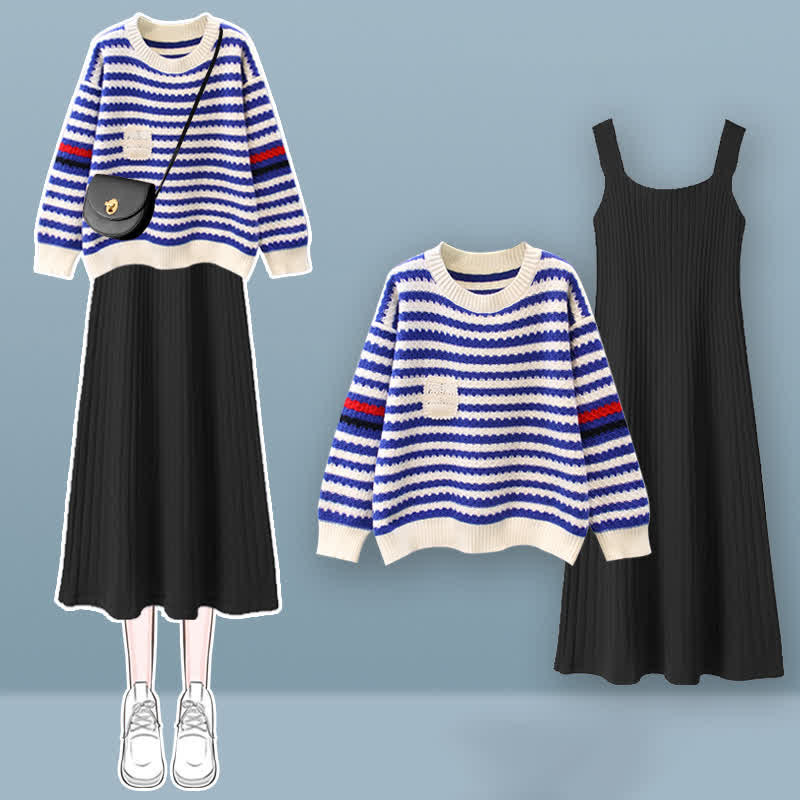 Knit Colorblock Set Stripe Sweater Dress Slip