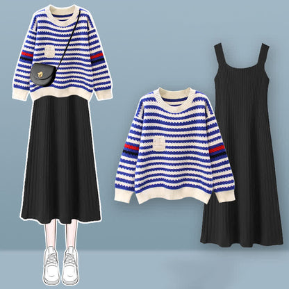 Knit Colorblock Set Stripe Sweater Dress Slip