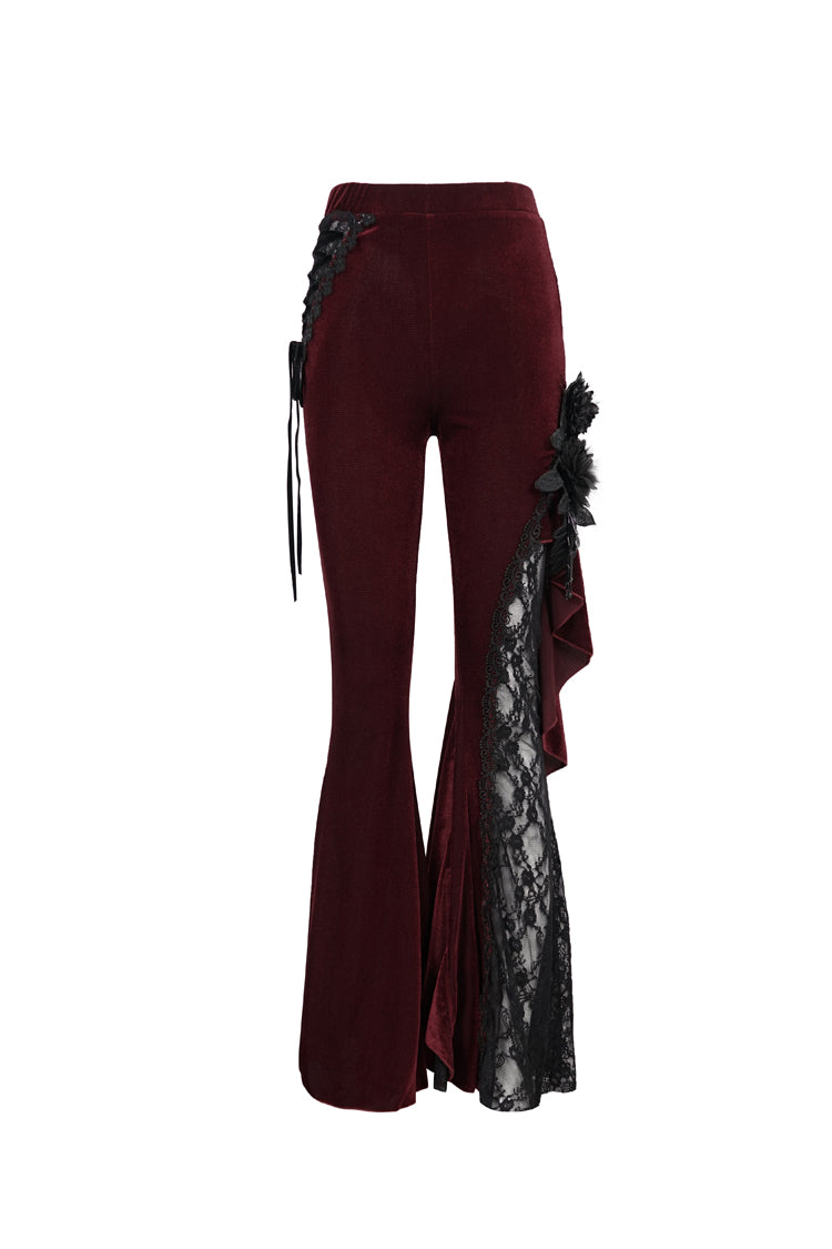 Velvet Single Side Stitching Rose Net Side Rope Flare Gothic Pants