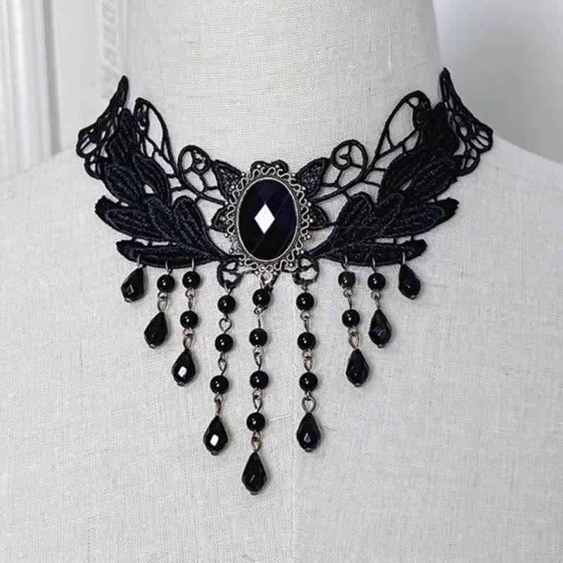 Collier ras du cou gothique punk rétro en dentelle et cristal Lolita