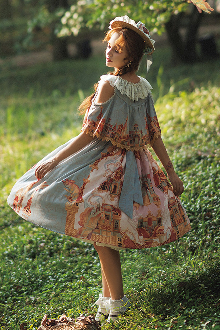 European Architecture Oil Painting Off-Shoulder Ribbon Lolita Dress