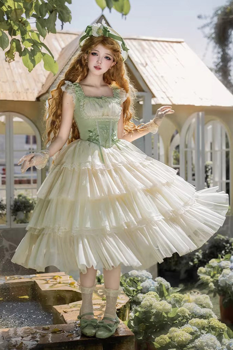 Fishbone Embroidered Sweet Lolita Jumper Dress - Green Letters & Poems