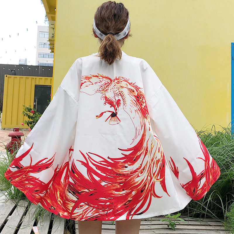 Kimono-Oberbekleidung mit leuchtendem Phoenix-Print und Sonnenschutz