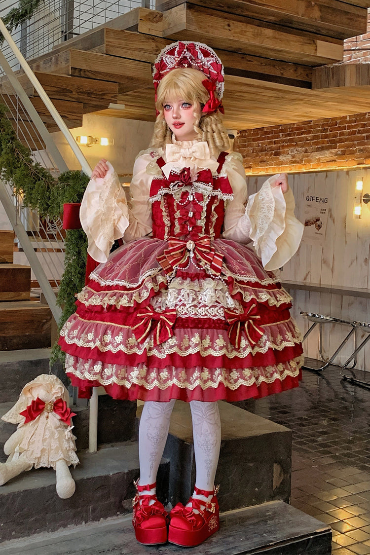 Ruby Gemstone Triple-Layered Bow Lace JSK Dress for Elegant Lolita